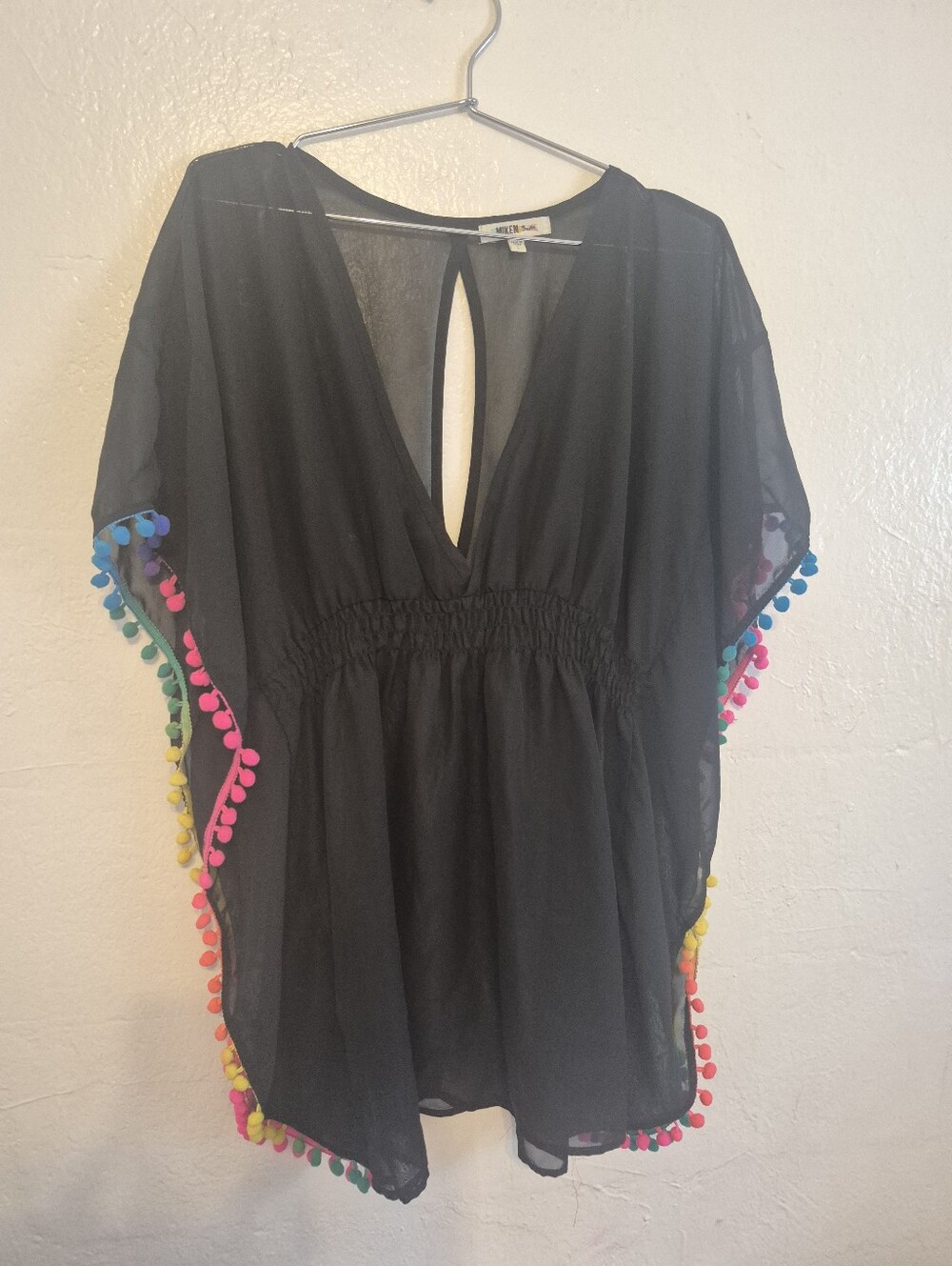 Milken Black Sheer Pom Pom Trim Swim Cover Large